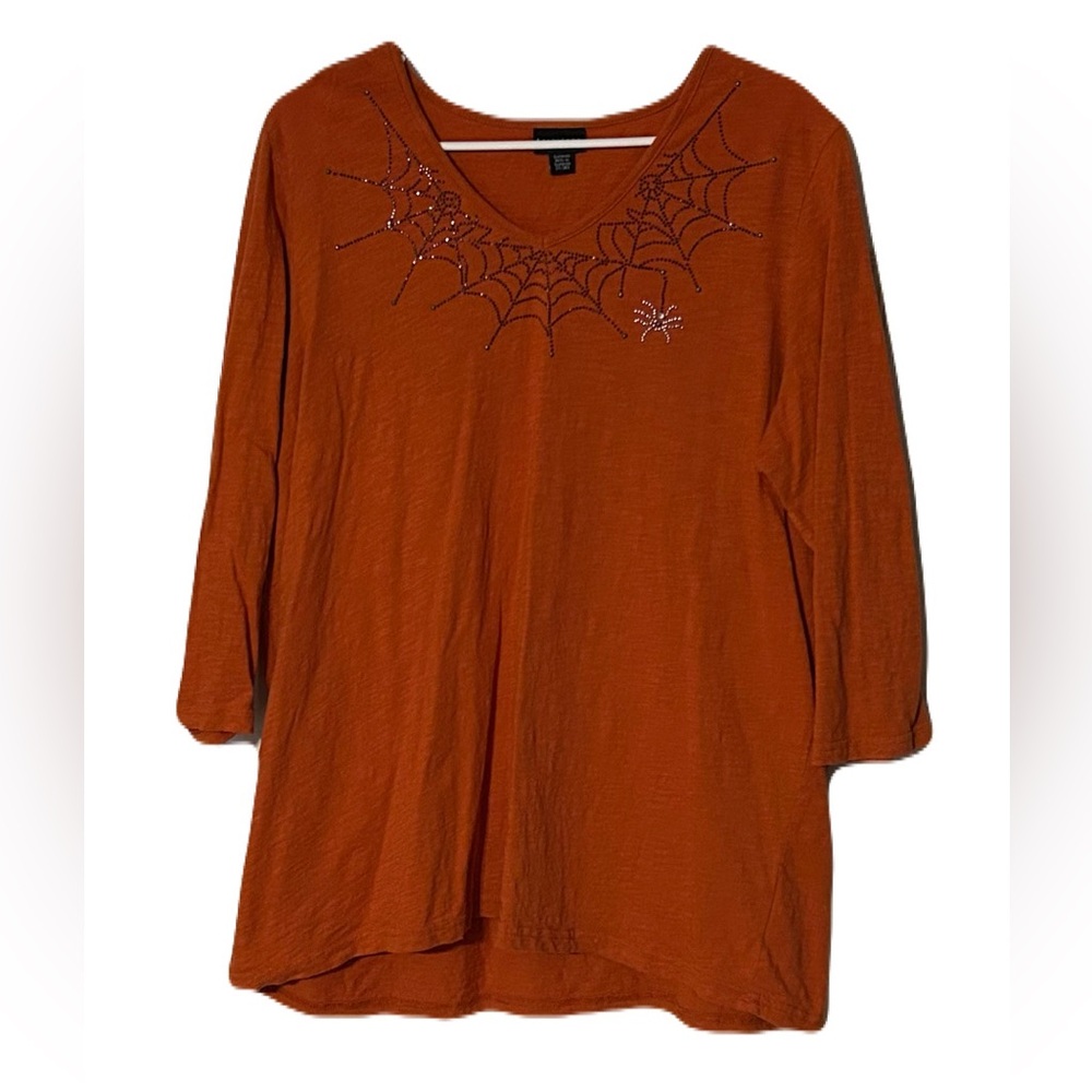 Orange Spider Web Embellished Women's Top - Perfect for Halloween